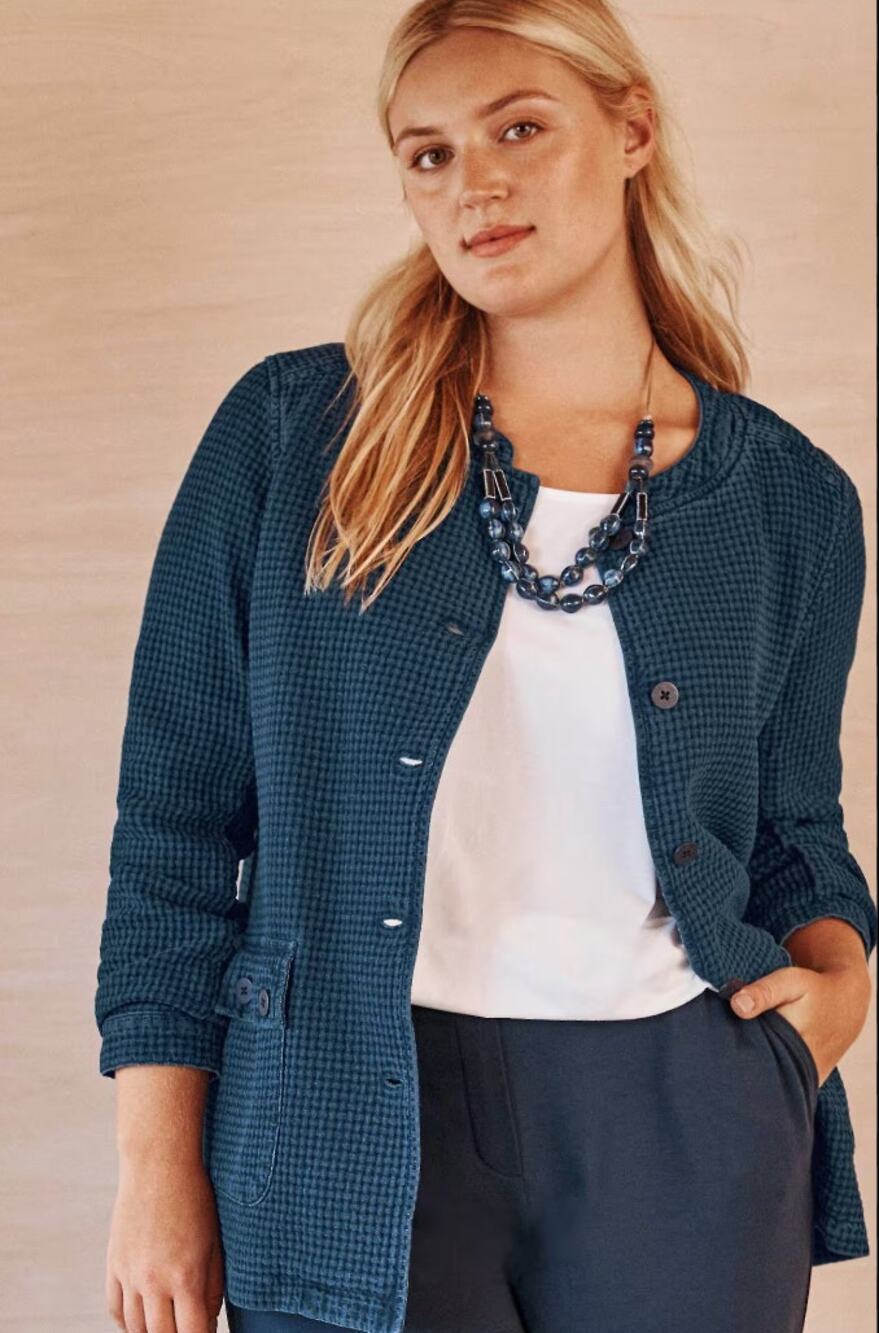 J. Jill Pure Jill Indigo Field Jacket Geneva Wash Waffle Knit Button-Up Cotton L